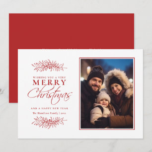 Minimal Red Festive Foliage Photo Christmas Holiday Card
