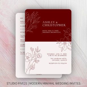 Minimal Red Foliage Outline All-in-One Wedding Invitation
