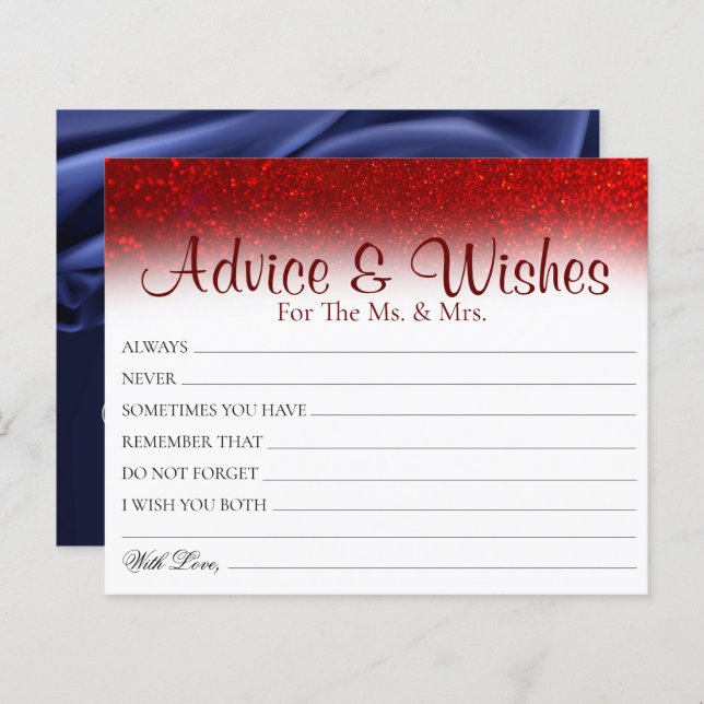 Minimal Red Glitter Wedding Advice Wishes Cards (Front/Back)