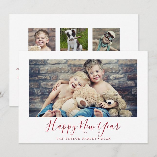 Minimal Red Happy New Year Family News Landscape Holiday Card (Front/Back)