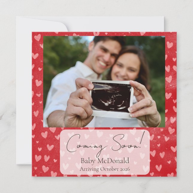 minimal red heart pregnancy announcement card (Front)