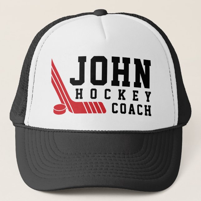 Minimal Red Hockey Stick & Puck Trucker Hat (Front)