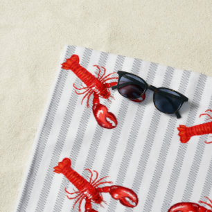 Minimal Red Lobster Abstract Stripes Personalised Beach Towel