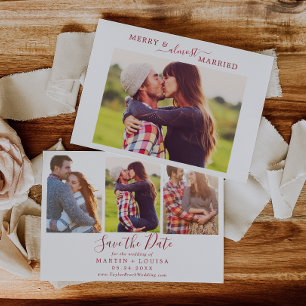 Minimal Red Merry Almost Married HZ Save the Date Holiday Card