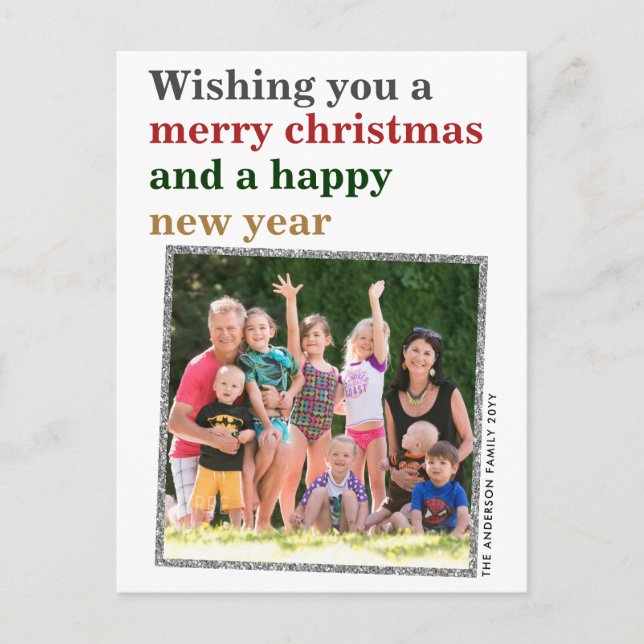 Minimal Red Merry Christmas Gold New Year Photo Holiday Postcard (Front)