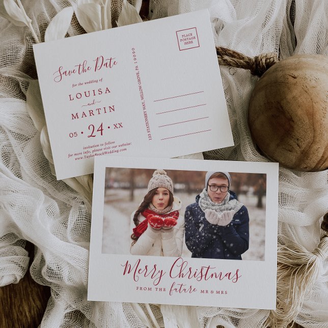 Minimal Red Merry Christmas Save the Date Photo Holiday Postcard (Creator Uploaded)