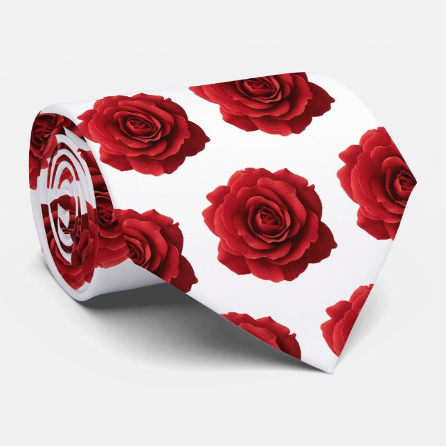 Minimal Red Rose Pattern with Water Droplets Tie (Rolled)