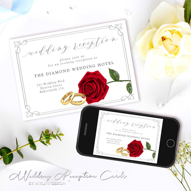 Minimal Red Roses and Rings Wedding Reception Invitation (Creator Uploaded)