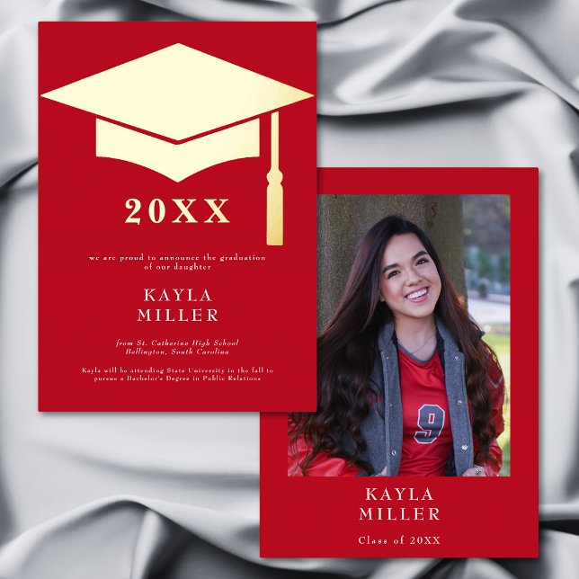 Minimal Red & White Gold Cap Grad Announcement (Minimal Red & White Gold Cap Grad Announcement)