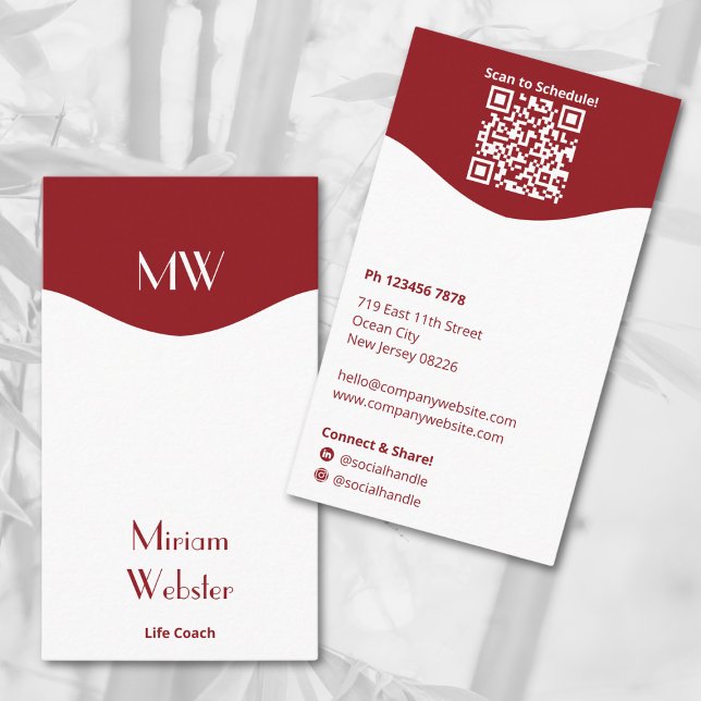 Minimal Red White Initials Portrait Personal Business Card (Minimal Red White Initials Portrait Personal Business Card, Initials, QR code, Connect on Social)