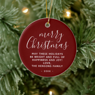 Minimal Red White Wishes Merry Christmas Script  Ceramic Tree Decoration