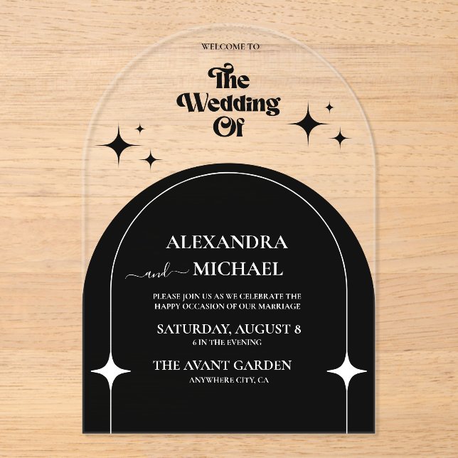 Minimal Retro Arch Black and White Invitation (Front)