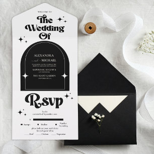 Minimal Retro Arch Black and White Wedding All In  One Invitation