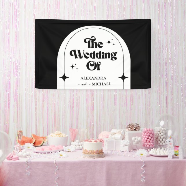 Minimal Retro Arch Black and White Wedding Banner (Party)