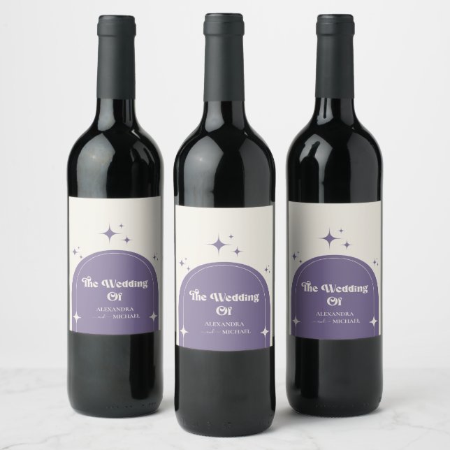 Minimal Retro Arch Purple Wedding Wine Label (Bottles)