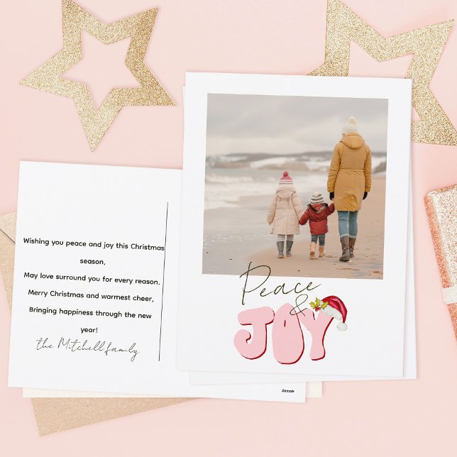 Minimal Retro Pink 1 Photo Peace Joy Christmas  Holiday Postcard (Creator Uploaded)