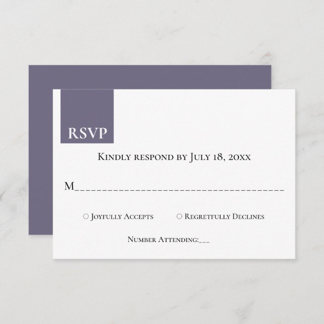 Minimal Retro Purple Gold Monogram Classy Wedding RSVP Card (Front/Back)