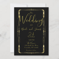 Minimal Retro Vintage Black & Gold Deco Wedding In