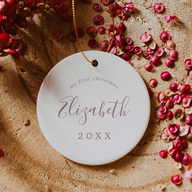 Minimal Rose Baby's 1st Christmas Newborn Photo Ceramic Tree Decoration (Creator Uploaded)