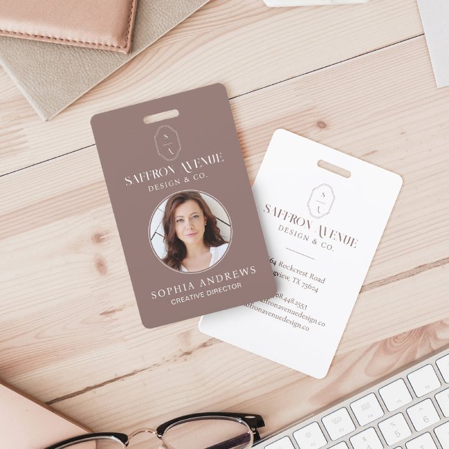 Minimal Rose Beige ID Custom Monogram Logo & Photo Badge (Creator Uploaded)