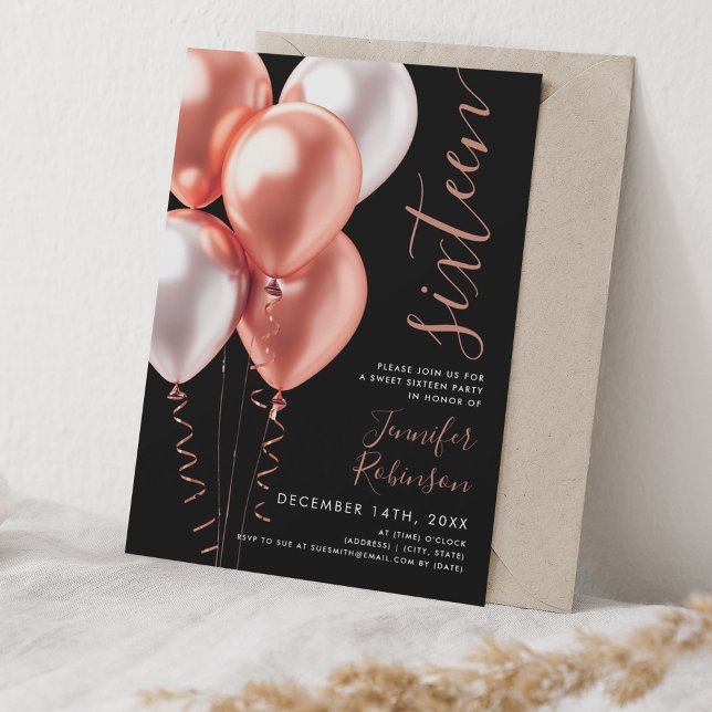 Minimal Rose Gold Balloons Sweet 16 Birthday Black Invitation (Minimal Rose Gold Balloons Sweet 16 Birthday Black Invitation)
