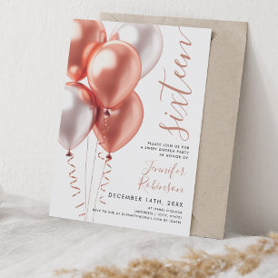 Minimal Rose Gold Balloons Sweet 16 Birthday Invitation