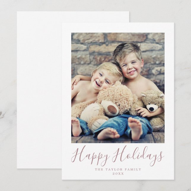 Minimal Rose Gold Happy Holidays Portrait Photo Holiday Card (Front/Back)