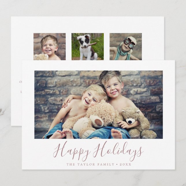 Minimal Rose Gold Happy Holidays Year In Review Holiday Card (Front/Back)