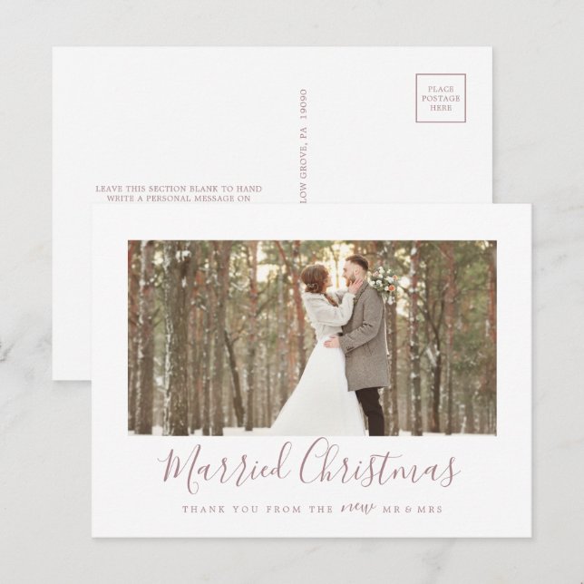 Minimal Rose Gold Married Christmas Thank You Holiday Postcard (Front/Back)