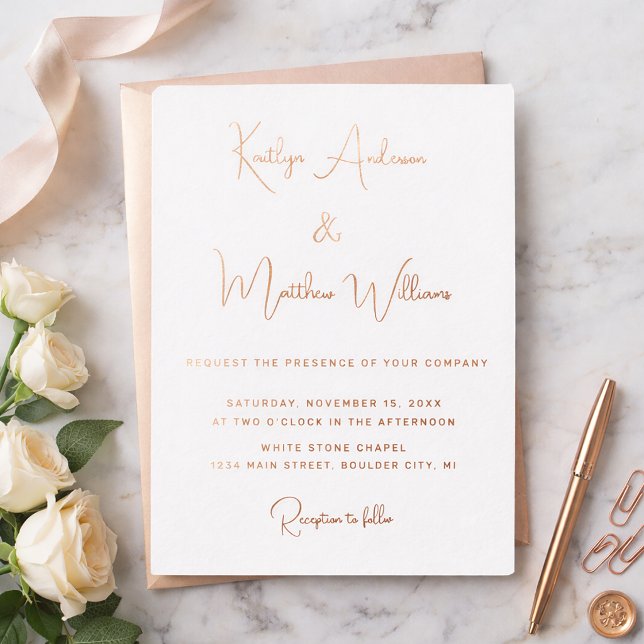 Minimal Rose Gold Modern Elegant Script Wedding (Modern Rose Gold Foil script Wedding invitation)