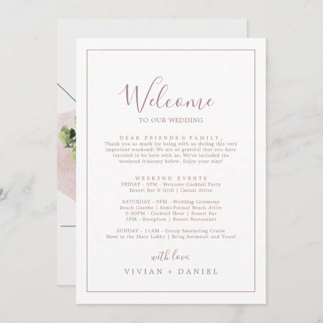Minimal Rose Gold Welcome Letter Itinerary & Map (Front/Back)
