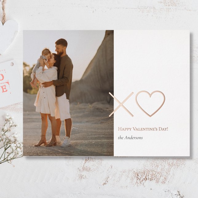 Minimal Rose gold xo heart photo valentines day  Foil Holiday Postcard (Creator Uploaded)