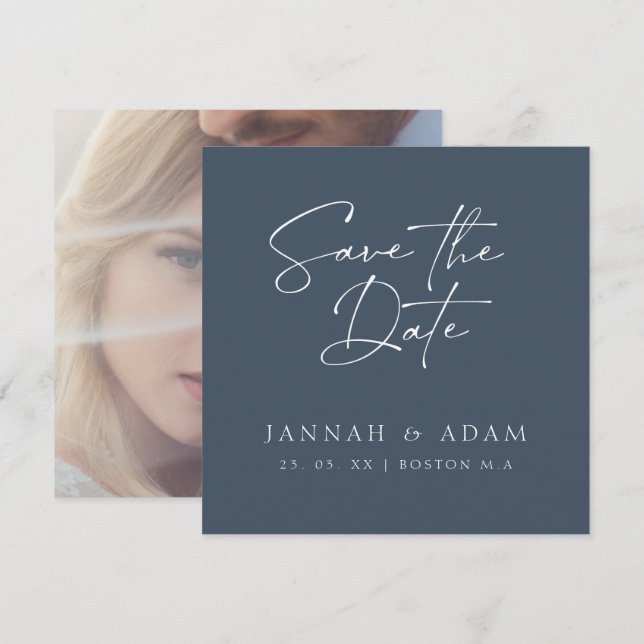 Minimal Royal Blue Opulence Script Photo Wedding Save The Date (Front/Back)