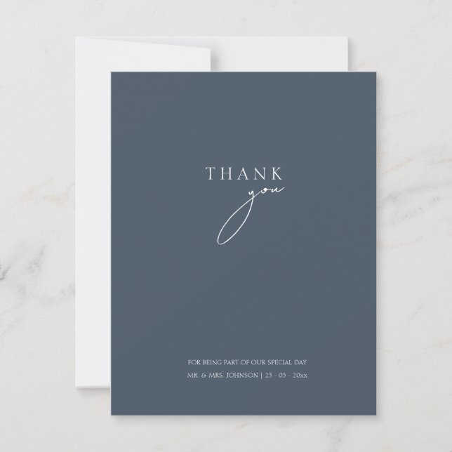 Minimal Royal Blue Opulence Script Photo Wedding Thank You Card (Front)