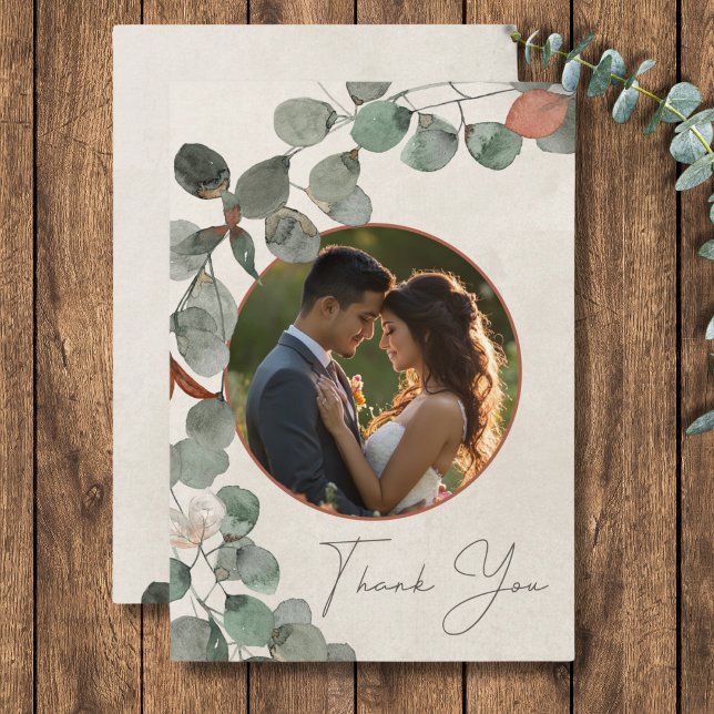 Minimal Rust Green Eucalyptus Wreath Photo Wedding Thank You Card (Minimal Rust Green Eucalyptus Wreath Photo Wedding Thank You Card)