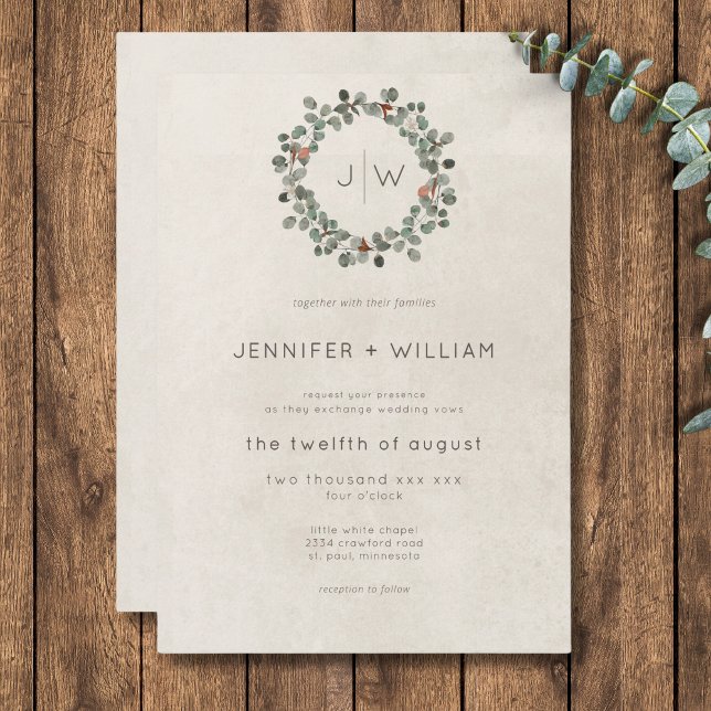 Minimal Rust Green Eucalyptus Wreath Wedding Invitation (Creator Uploaded)