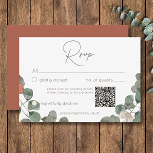 Minimal Rust Green Eucalyptus Wreath Wedding QR RSVP Card