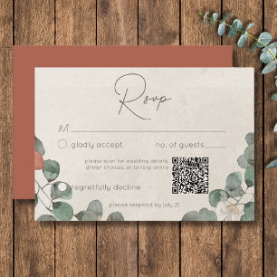 Minimal Rust Green Eucalyptus Wreath Wedding QR RSVP Card