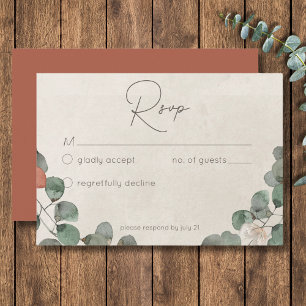 Minimal Rust Green Eucalyptus Wreath Wedding RSVP Card