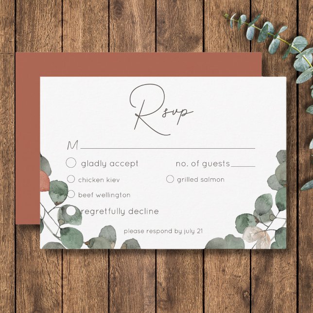 Minimal Rust Green Eucalyptus Wreath Wedding RSVP Card (Minimal Rust Green Eucalyptus Wreath Wedding RSVP Card)