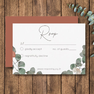 Minimal Rust Green Eucalyptus Wreath Wedding RSVP Card