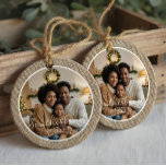 Minimal Rustic Farmhouse Burlap Personalised Photo Ceramic Tree Decoration<br><div class="desc">Embrace the charm of rustic elegance with our minimal faux burlap textured ornament. This beautifully designed ornament features a realistic burlap texture frame, adding a touch of warmth and simplicity to your holiday décor. Personalise this ornament with a photo on the front and back along with a name displayed prominently...</div>