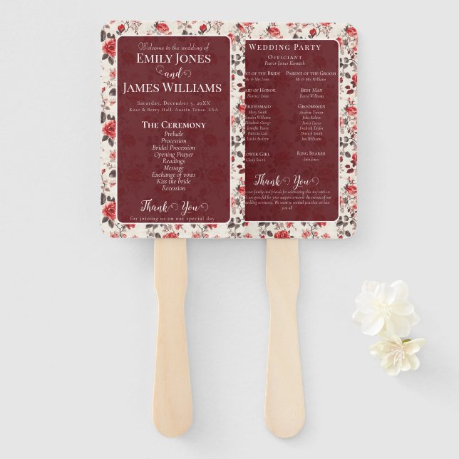Minimal Rustic Rose Romantic Wedding Programs Hand Fan (Front and Back)
