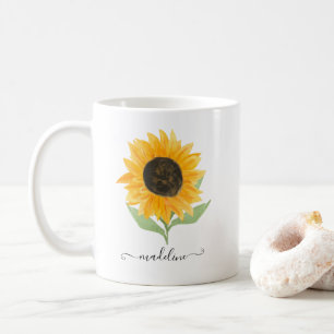 Minimal Rustic Sunflower Personalized Name Script Coffee Mug