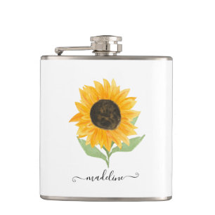 Minimal Rustic Sunflower Personalized Name Script Hip Flask