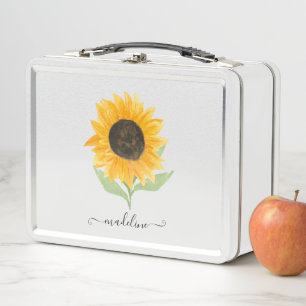 Minimal Rustic Sunflower Personalized Name Script Metal Lunch Box