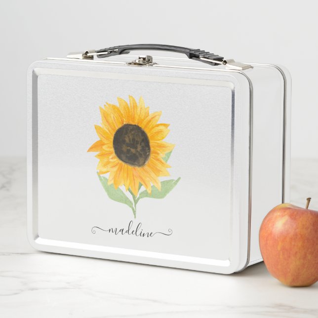 Minimal Rustic Sunflower Personalized Name Script Metal Lunch Box (In Situ)