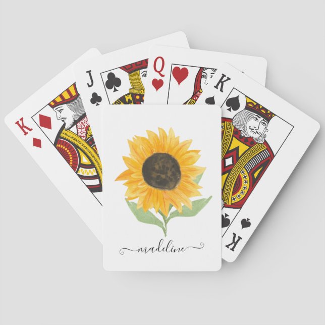 Minimal Rustic Sunflower Personalized Name Script Playing Cards (Back)