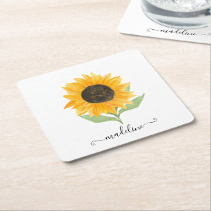 Minimal Rustic Sunflower Personalized Name Script Square Paper Coaster
