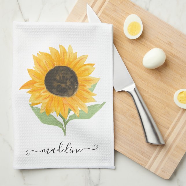 Minimal Rustic Sunflower Personalized Name Script Tea Towel (Quarter Fold)